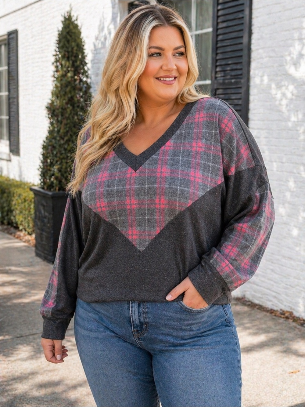🔥Plus Size 1X Chic Plaid V-Neck Sweater ✨ Cozy Fall Winter Casual Top